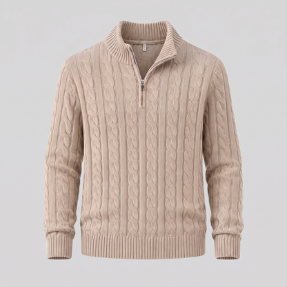 Maglione Uomo Mezza Zip in Maglia a Trecce Collo Alto