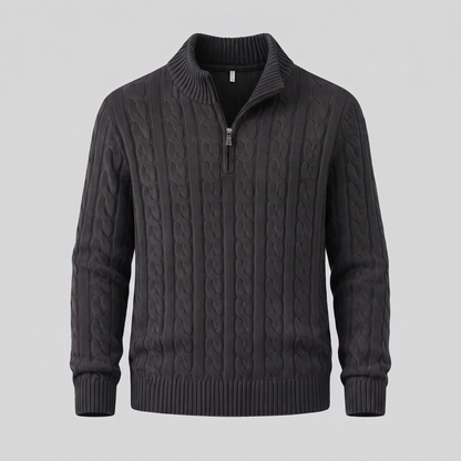 Maglione Uomo Mezza Zip in Maglia a Trecce Collo Alto