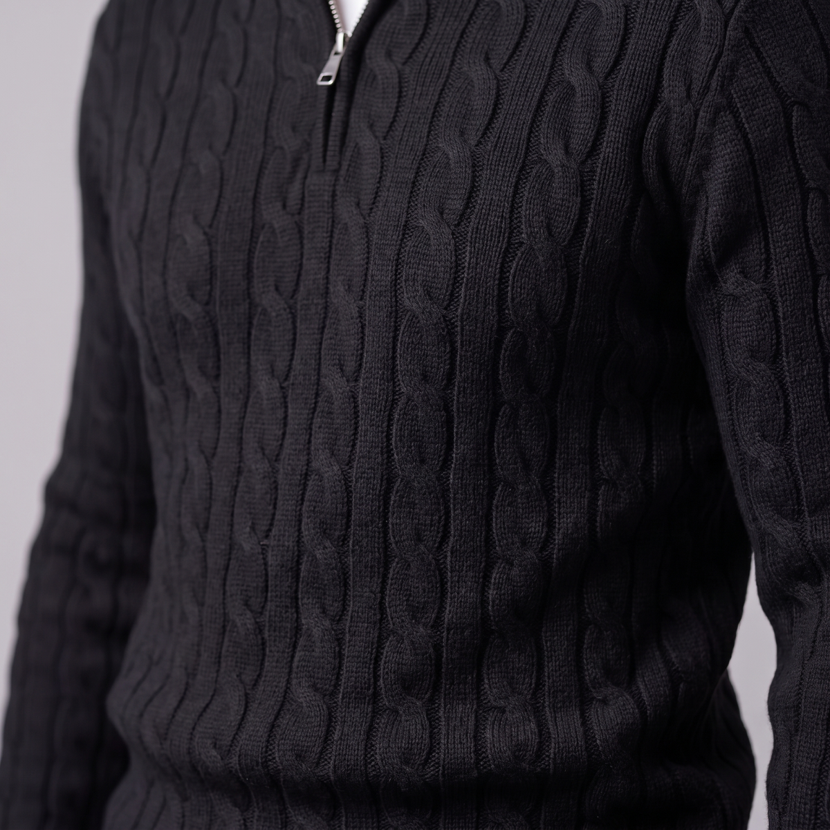 Maglione Uomo Mezza Zip in Maglia a Trecce Collo Alto