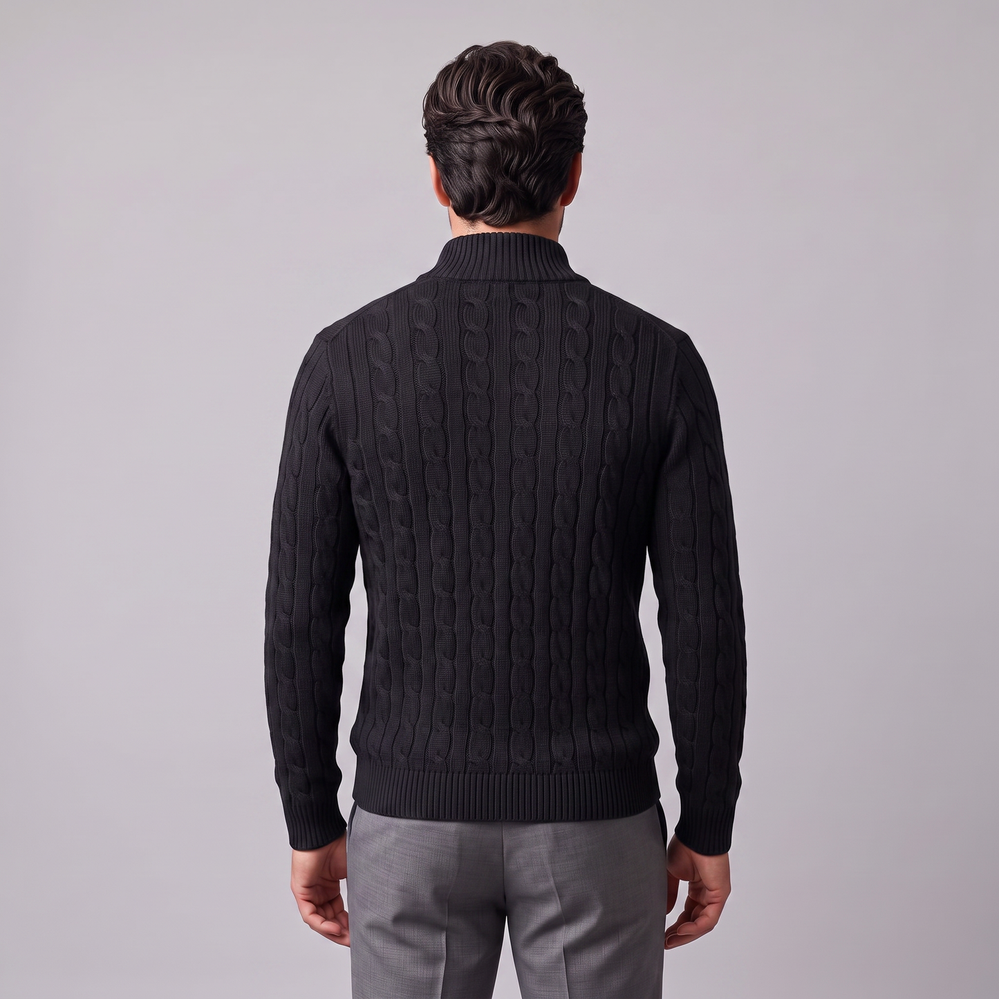 Maglione Uomo Mezza Zip in Maglia a Trecce Collo Alto