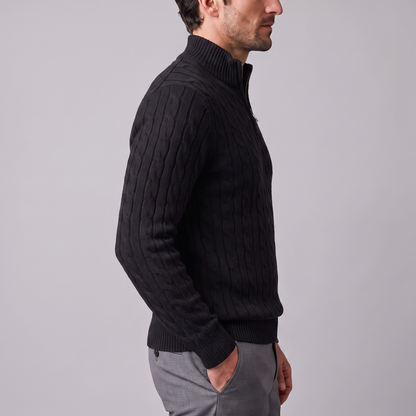 Maglione Uomo Mezza Zip in Maglia a Trecce Collo Alto