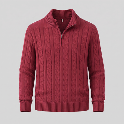 Maglione Uomo Mezza Zip in Maglia a Trecce Collo Alto
