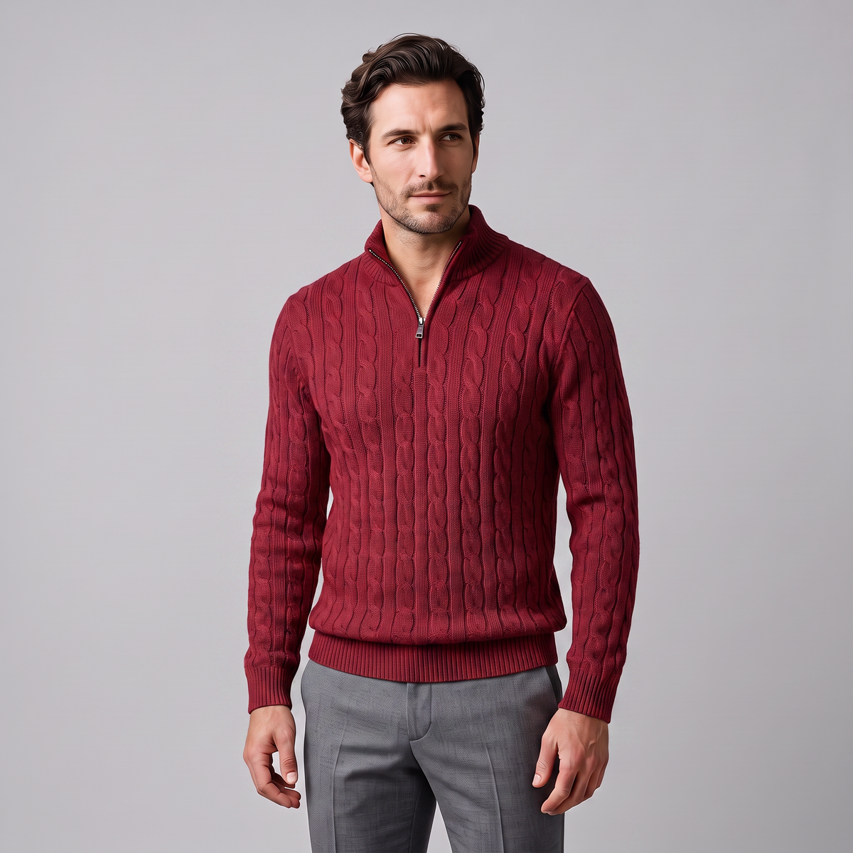 Maglione Uomo Mezza Zip in Maglia a Trecce Collo Alto
