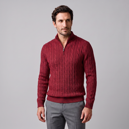 Maglione Uomo Mezza Zip in Maglia a Trecce Collo Alto