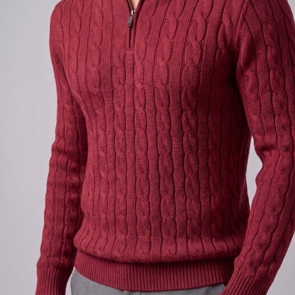 Maglione Uomo Mezza Zip in Maglia a Trecce Collo Alto