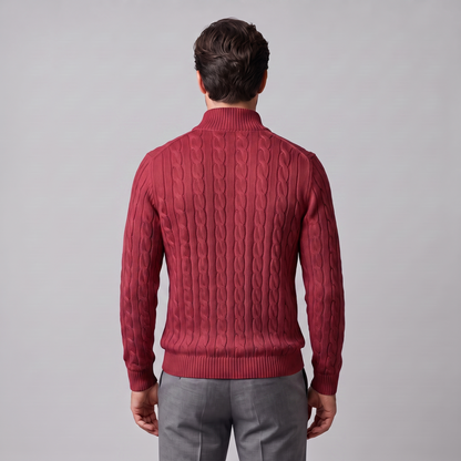 Maglione Uomo Mezza Zip in Maglia a Trecce Collo Alto