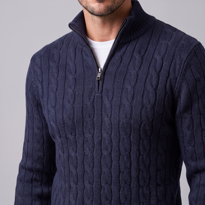 Maglione Uomo Mezza Zip in Maglia a Trecce Collo Alto