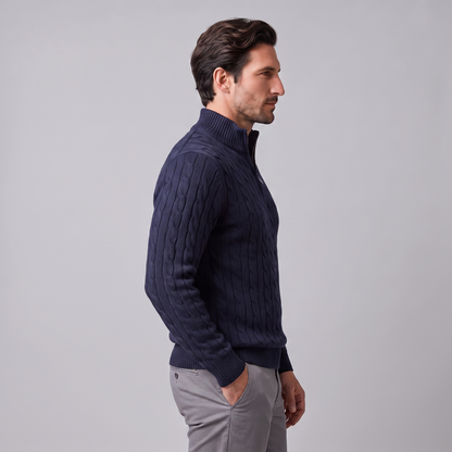 Maglione Uomo Mezza Zip in Maglia a Trecce Collo Alto