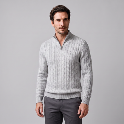Maglione Uomo Mezza Zip in Maglia a Trecce Collo Alto