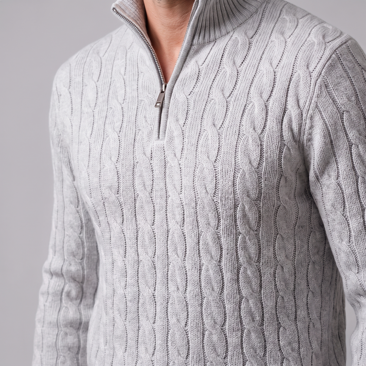 Maglione Uomo Mezza Zip in Maglia a Trecce Collo Alto