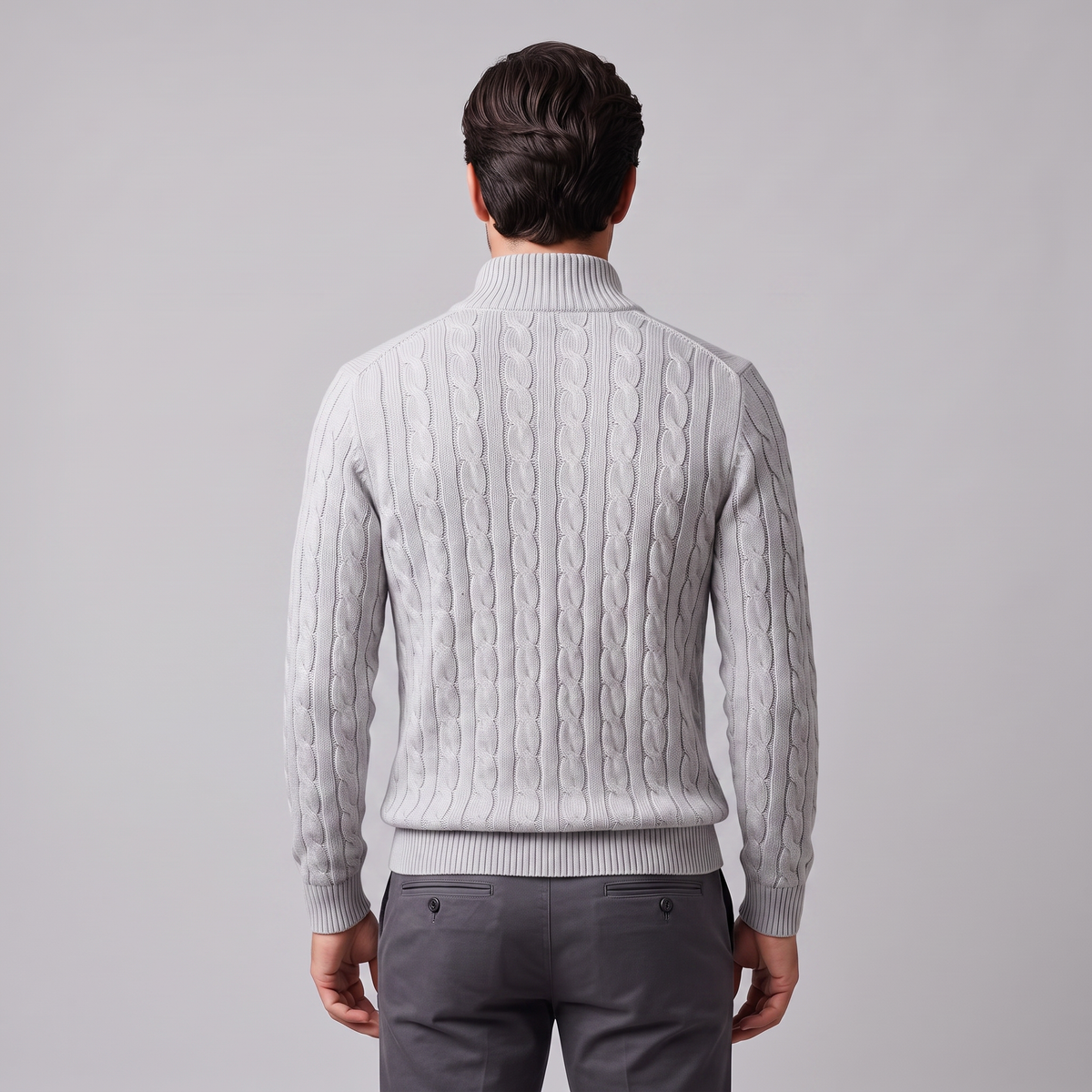 Maglione Uomo Mezza Zip in Maglia a Trecce Collo Alto