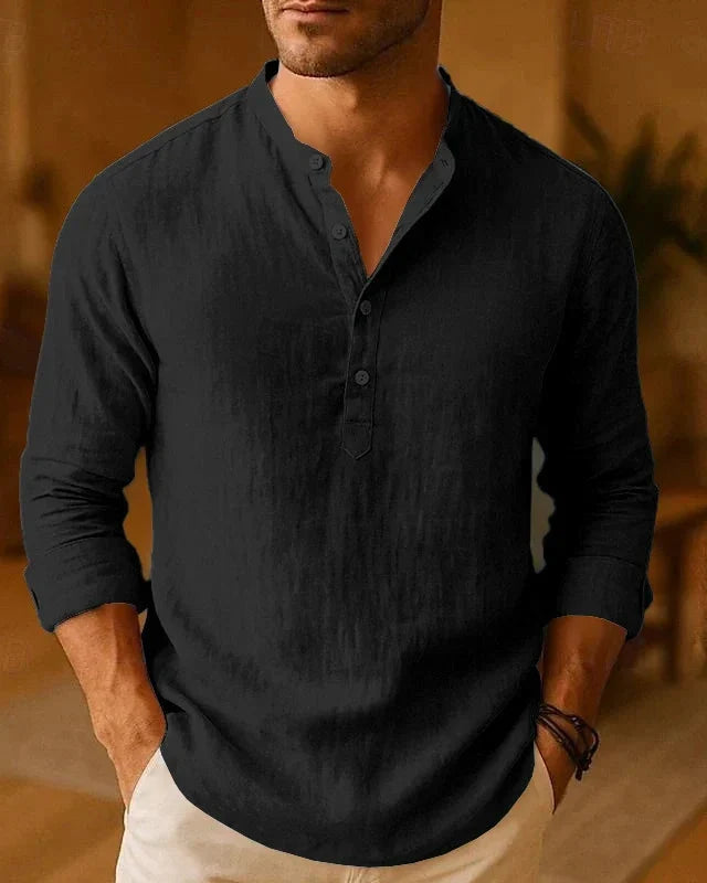 Camicia Uomo Collo a Banda Trama Testurizzata Effetto Lino