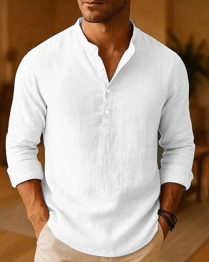 Camicia Uomo Collo a Banda Trama Testurizzata Effetto Lino