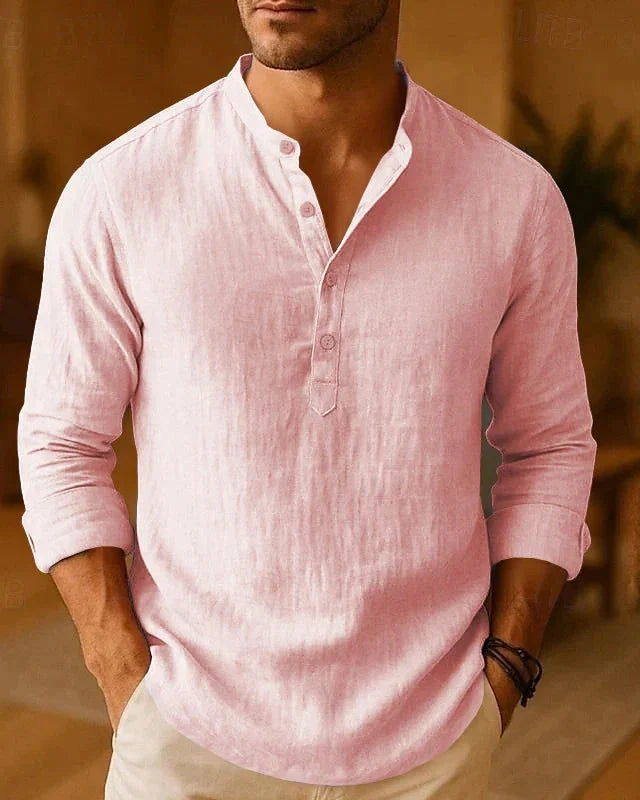 Camicia Uomo Collo a Banda Trama Testurizzata Effetto Lino