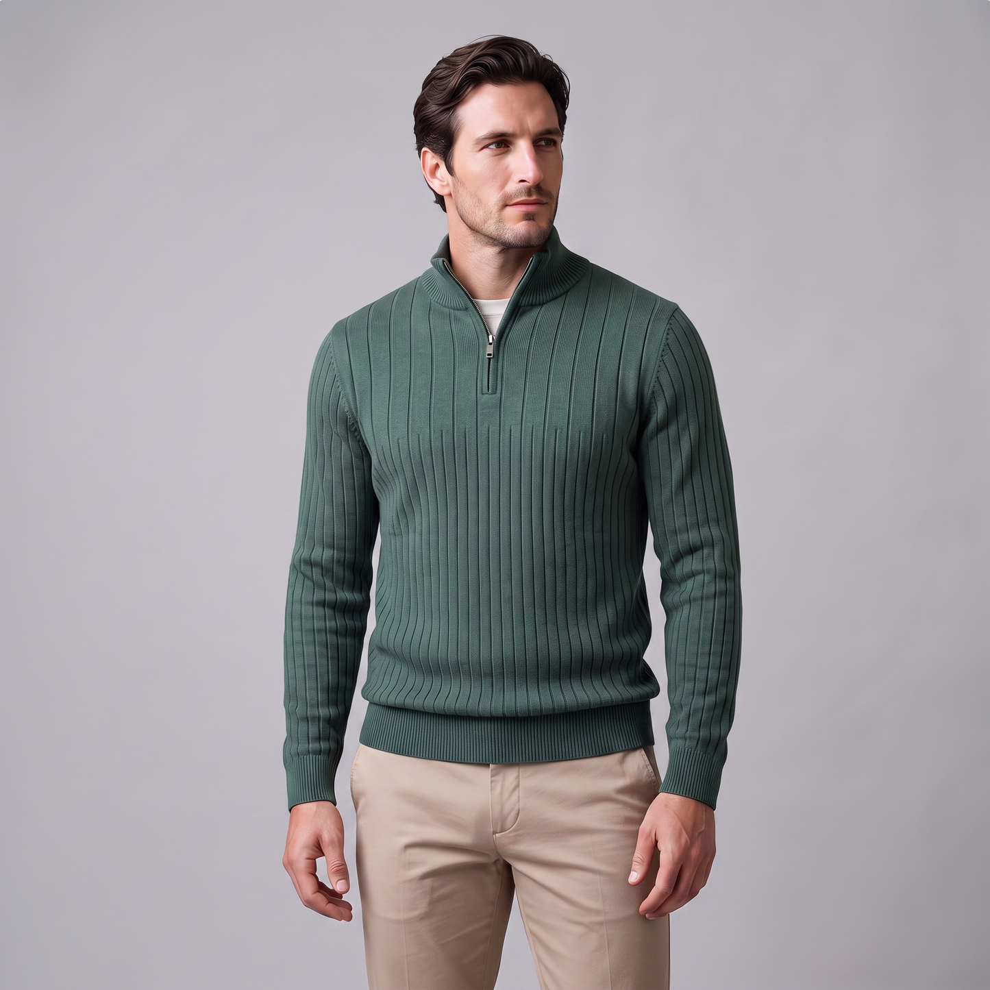 Maglione Uomo Mezza Zip in Cotone a Coste Zip Oro