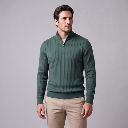 Maglione Uomo Mezza Zip in Cotone a Coste Zip Oro