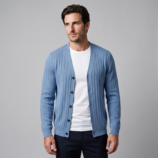 Cardigan Uomo Scollo a V a Coste con Bottoni