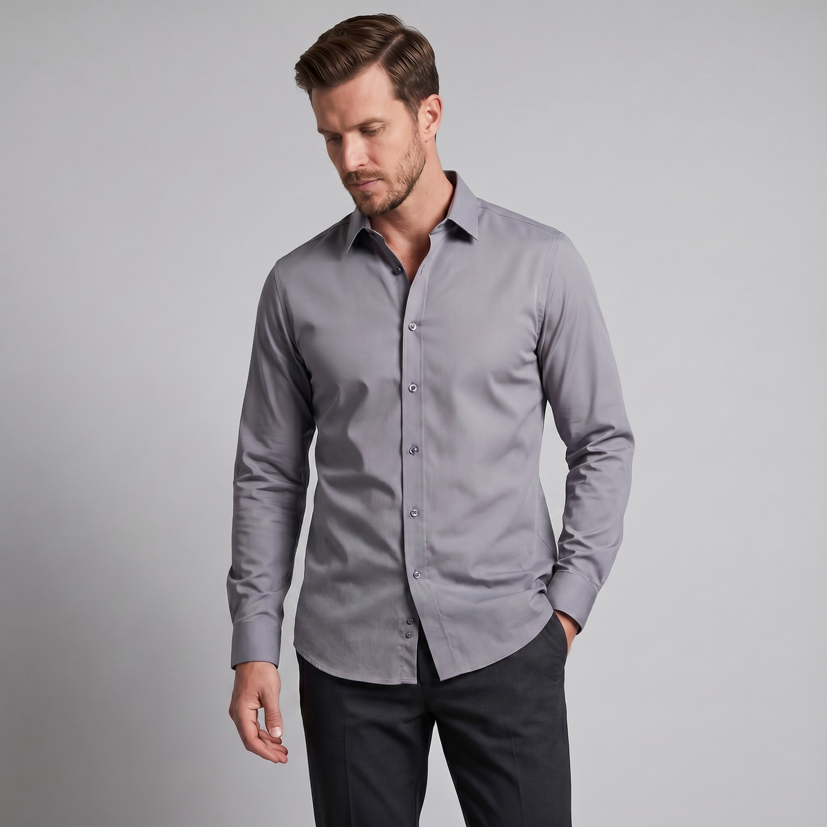 Camicia Uomo Elegante Slim Fit Maniche Lunghe Business