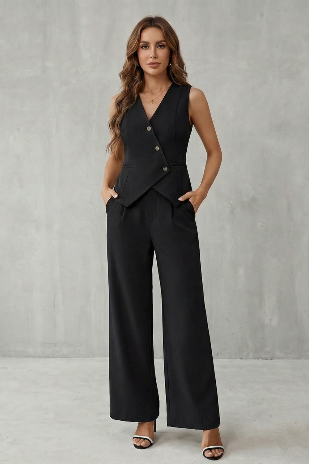 Completo Donna Gilet con Bottoni Asimmetrici