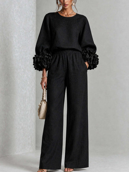 Romina | Completo Donna con Polsini Floreali e Pantalone Ampio