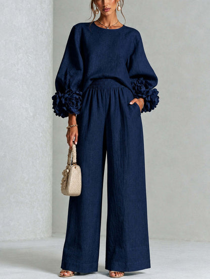 Romina | Completo Donna con Polsini Floreali e Pantalone Ampio