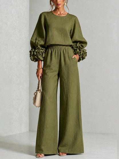 Romina | Completo Donna con Polsini Floreali e Pantalone Ampio