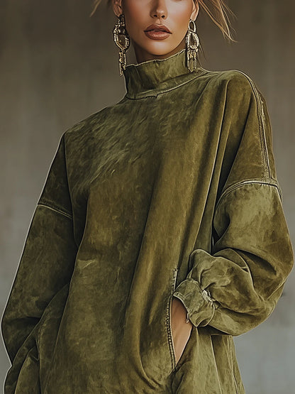 Gabrielle | Abito in Suede con Collo Alto e Frange