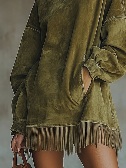 Gabrielle | Abito in Suede con Collo Alto e Frange