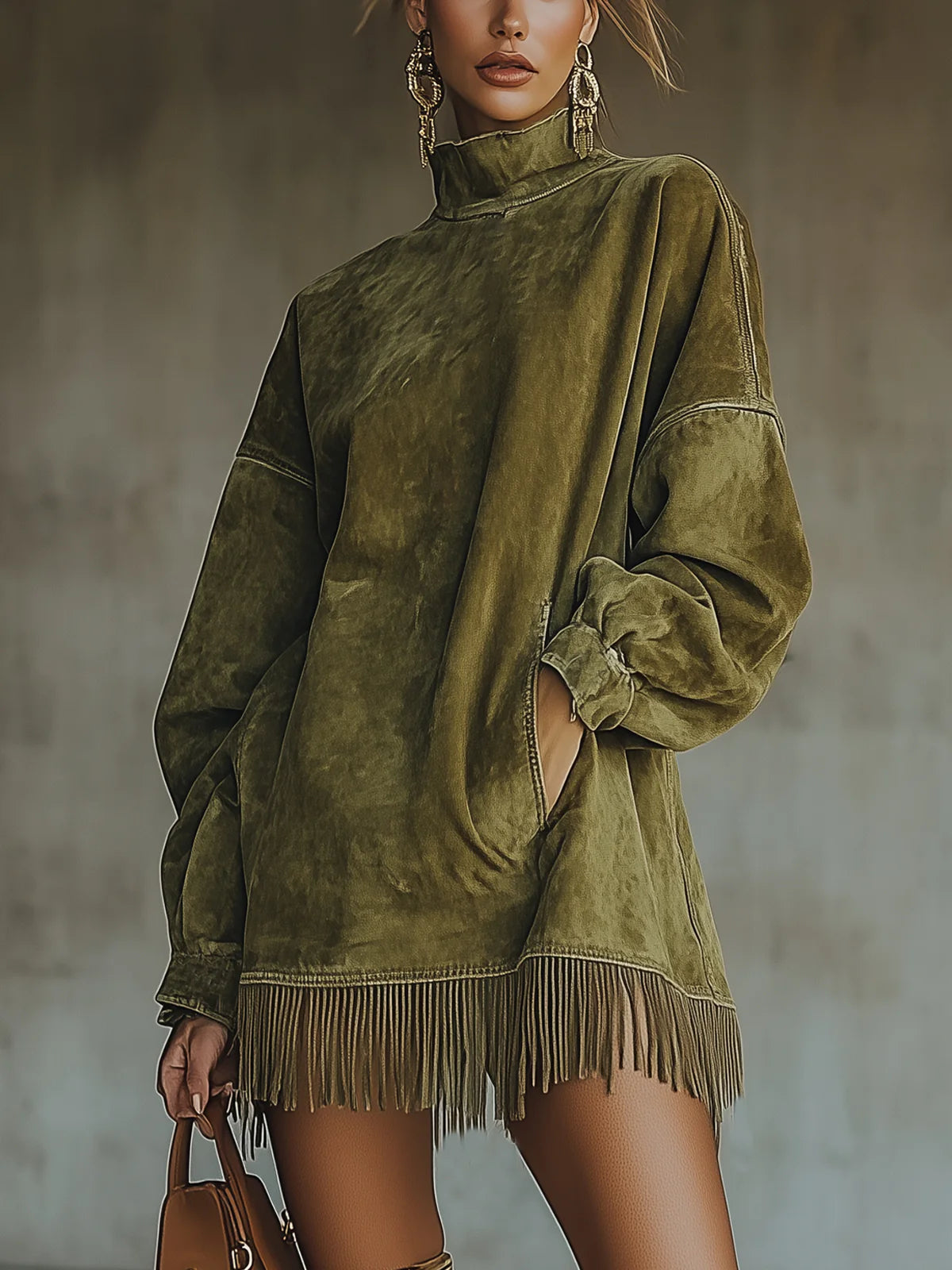 Gabrielle | Abito in Suede con Collo Alto e Frange