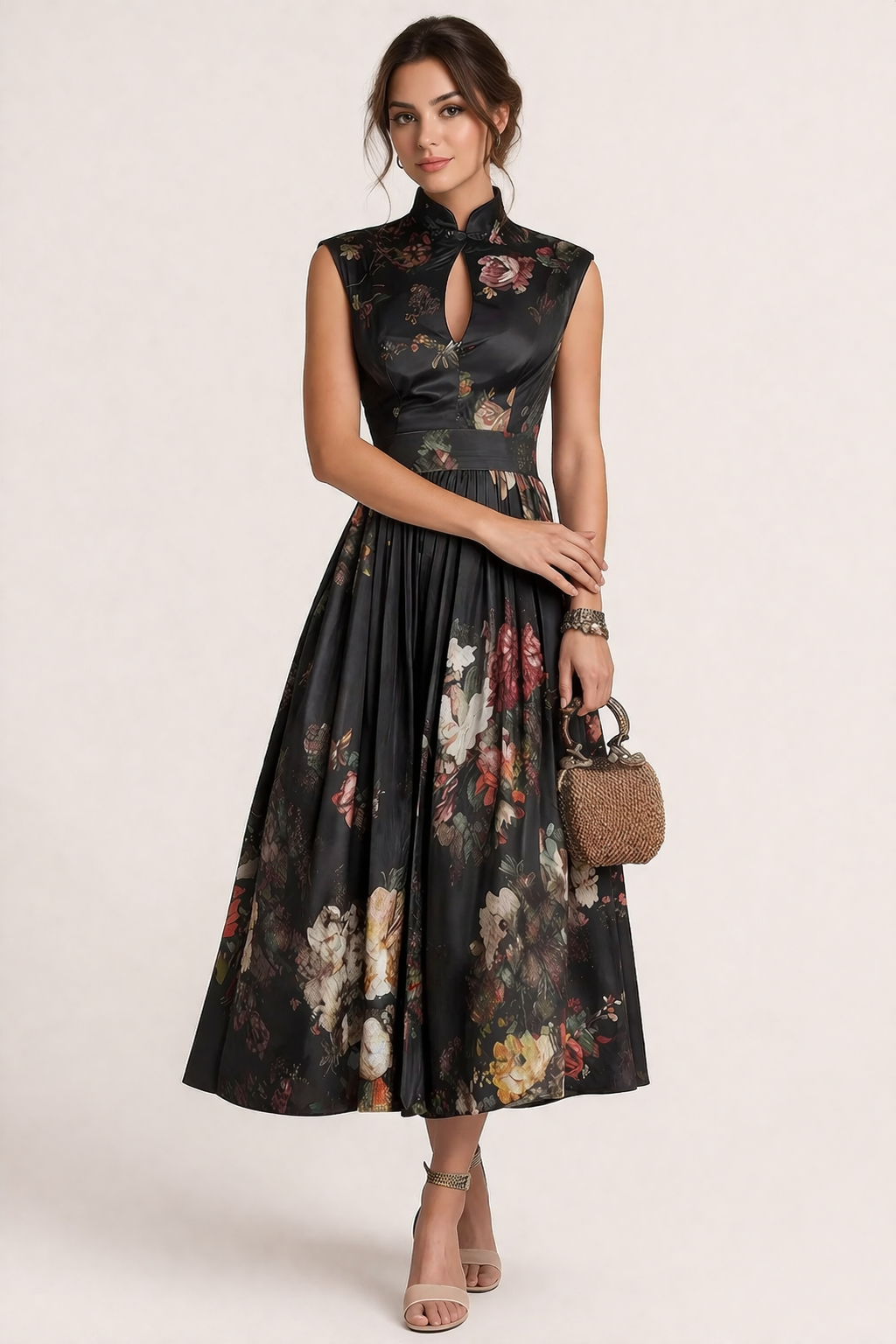 Abito Midi Donna Floreale con Collo Alto