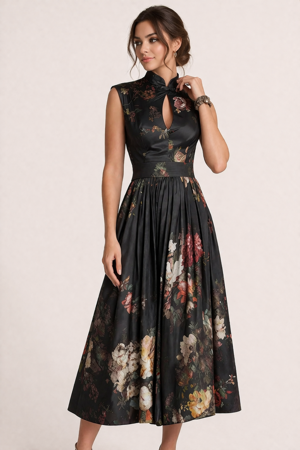 Abito Midi Donna Floreale con Collo Alto