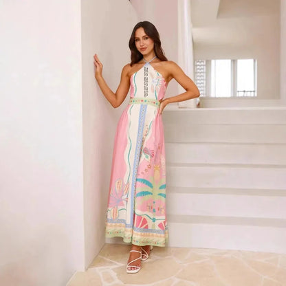 Abito Lungo Donna Halter Stampato con Cintura