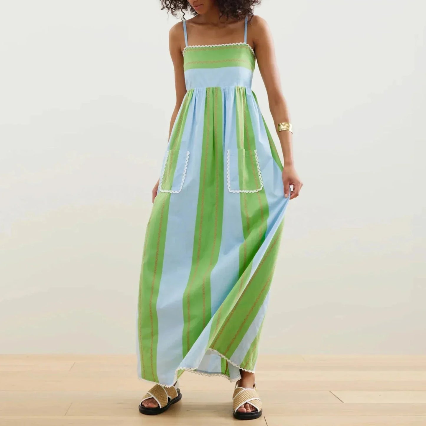 Abito Lungo Donna a Righe con Spalline Sottili