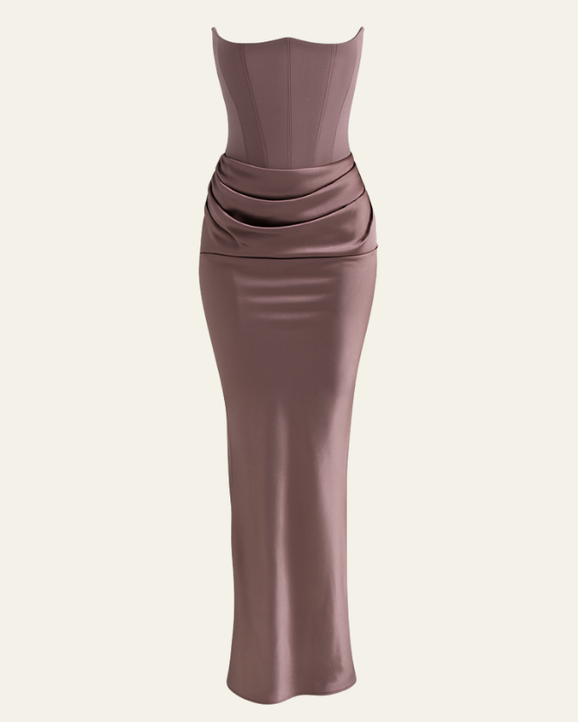 Abito Lungo Donna Strapless in Raso Drappeggiato