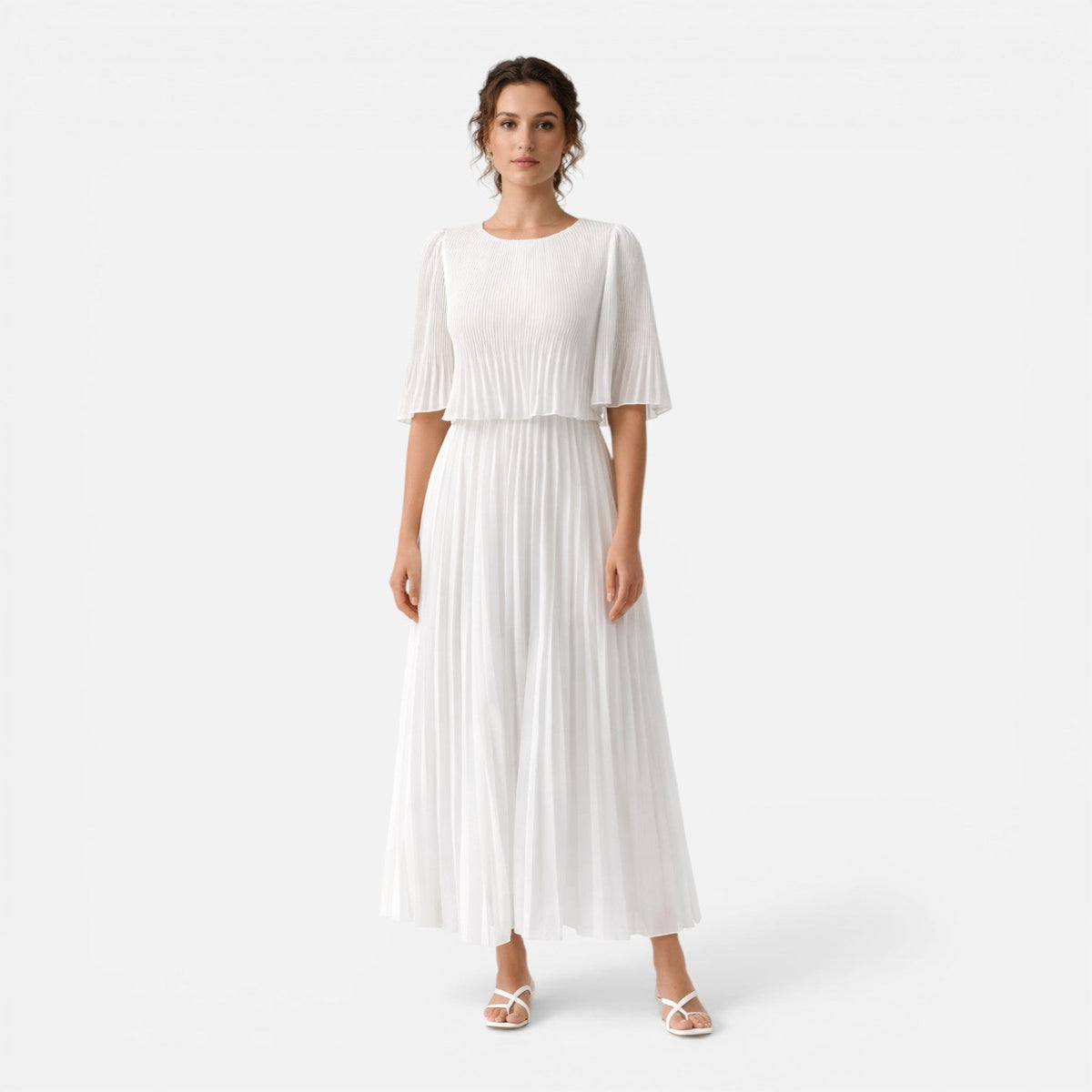 Abito Lungo Donna Bianco in Chiffon Plissettato
