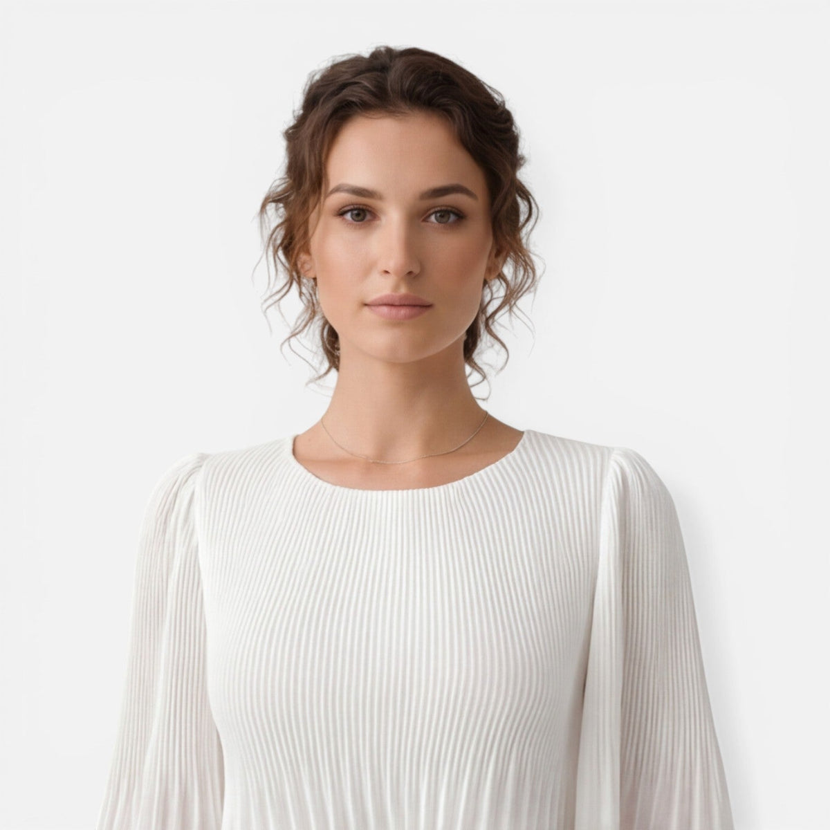 Abito Lungo Donna Bianco in Chiffon Plissettato