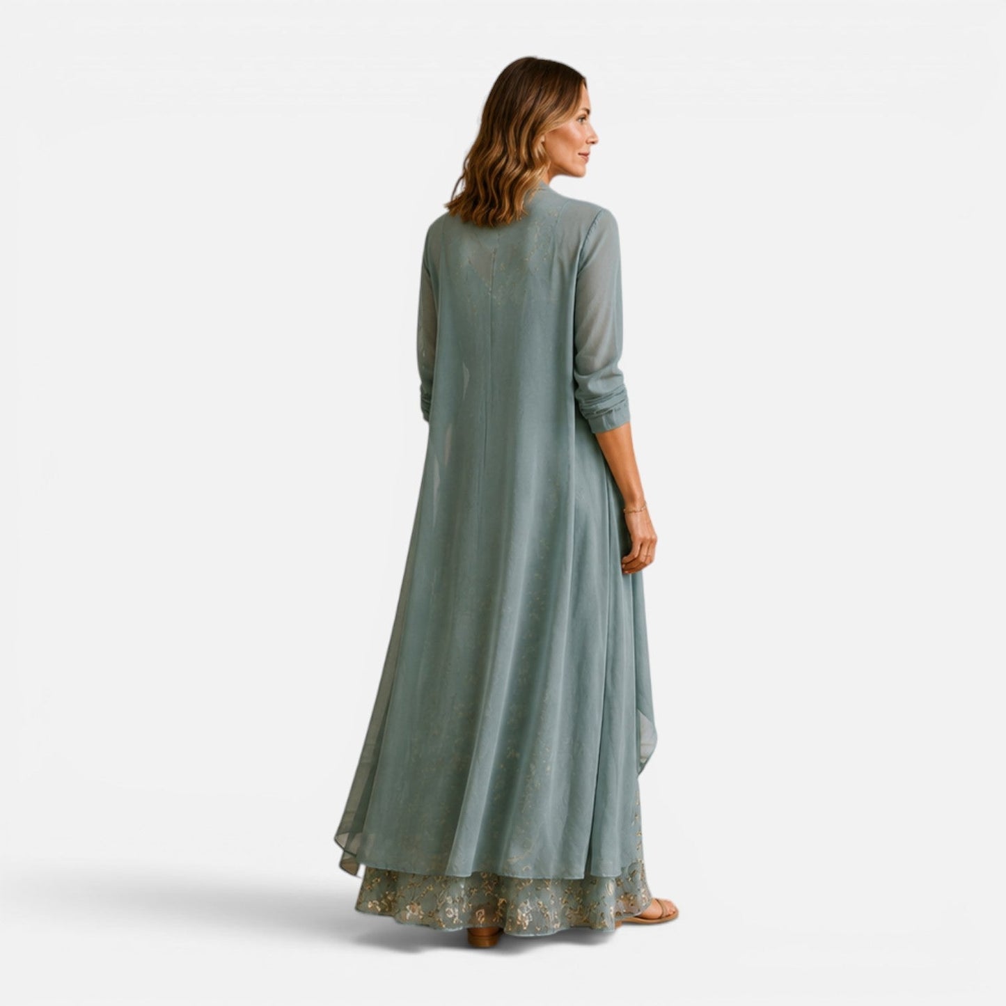 Abito Lungo Donna Ricamato con Giacca in Chiffon