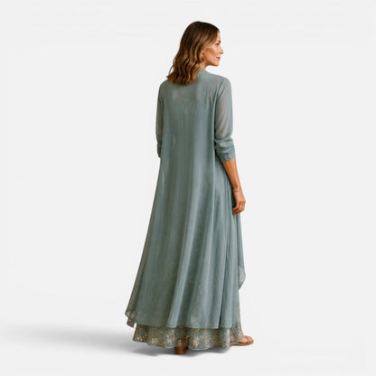 Abito Lungo Donna Ricamato con Giacca in Chiffon