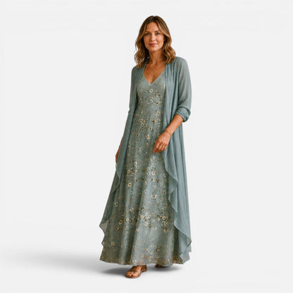 Abito Lungo Donna Ricamato con Giacca in Chiffon