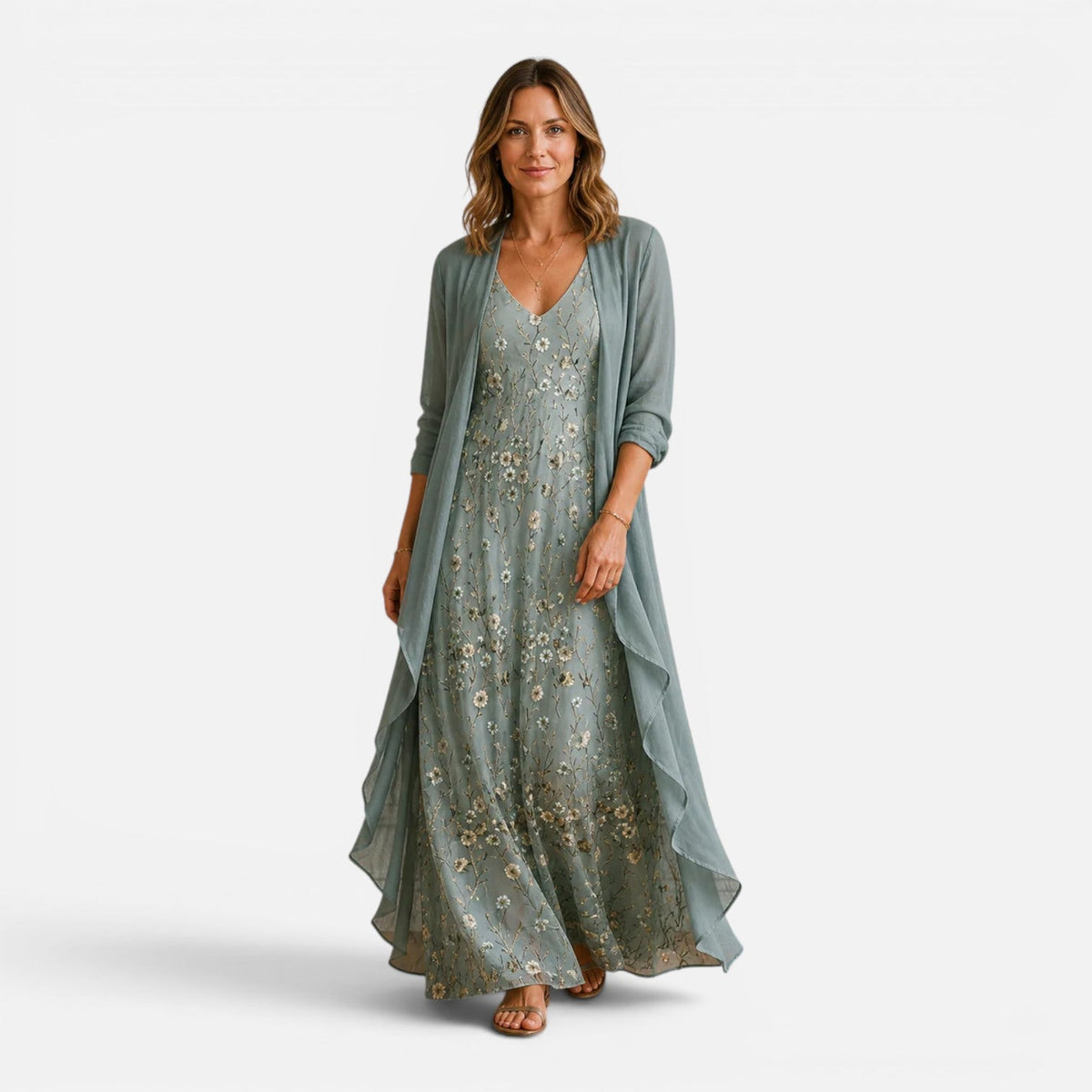 Abito Lungo Donna Ricamato con Giacca in Chiffon