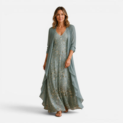 Abito Lungo Donna Ricamato con Giacca in Chiffon