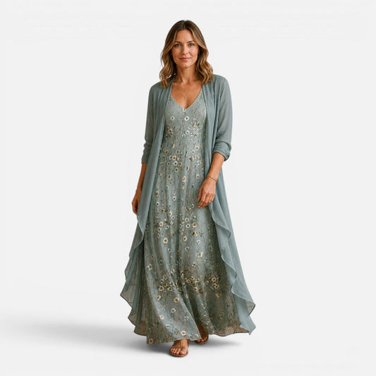 Abito Lungo Donna Ricamato con Giacca in Chiffon