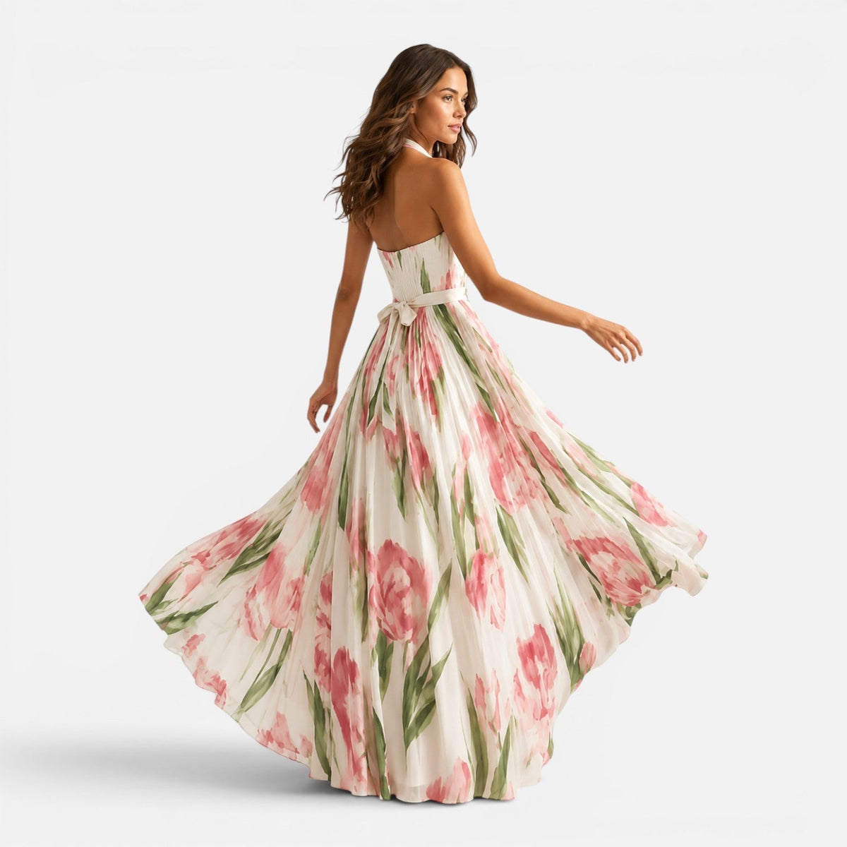 Abito Lungo Donna Floreale Linea A con Collo all'Americana
