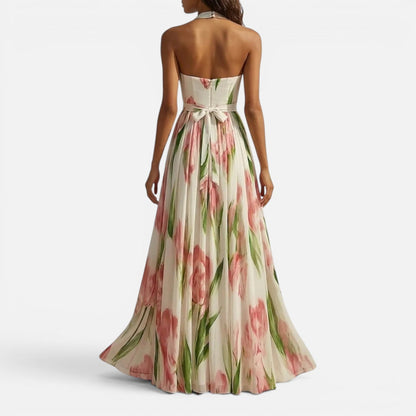 Abito Lungo Donna Floreale Linea A con Collo all'Americana