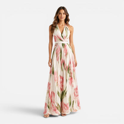 Abito Lungo Donna Floreale Linea A con Collo all'Americana