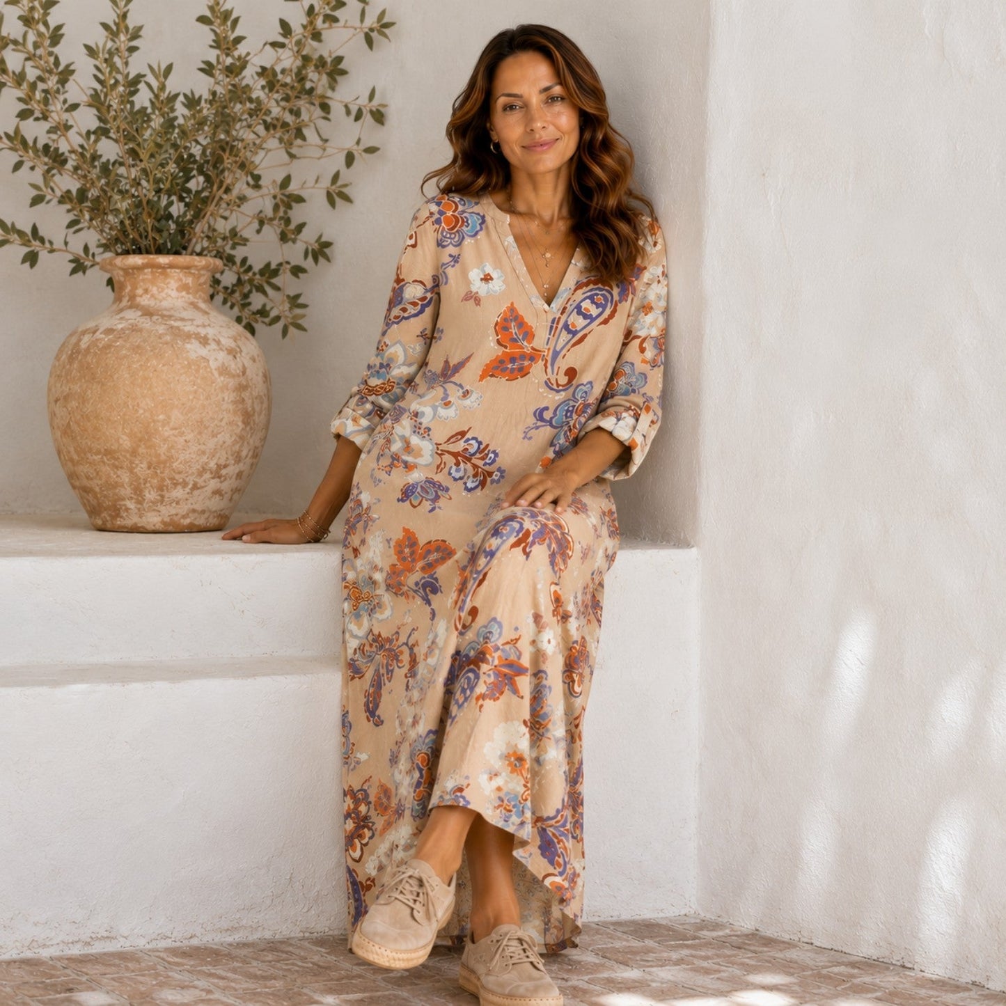 Abito Lungo Donna Boho Floreale Drappeggiato