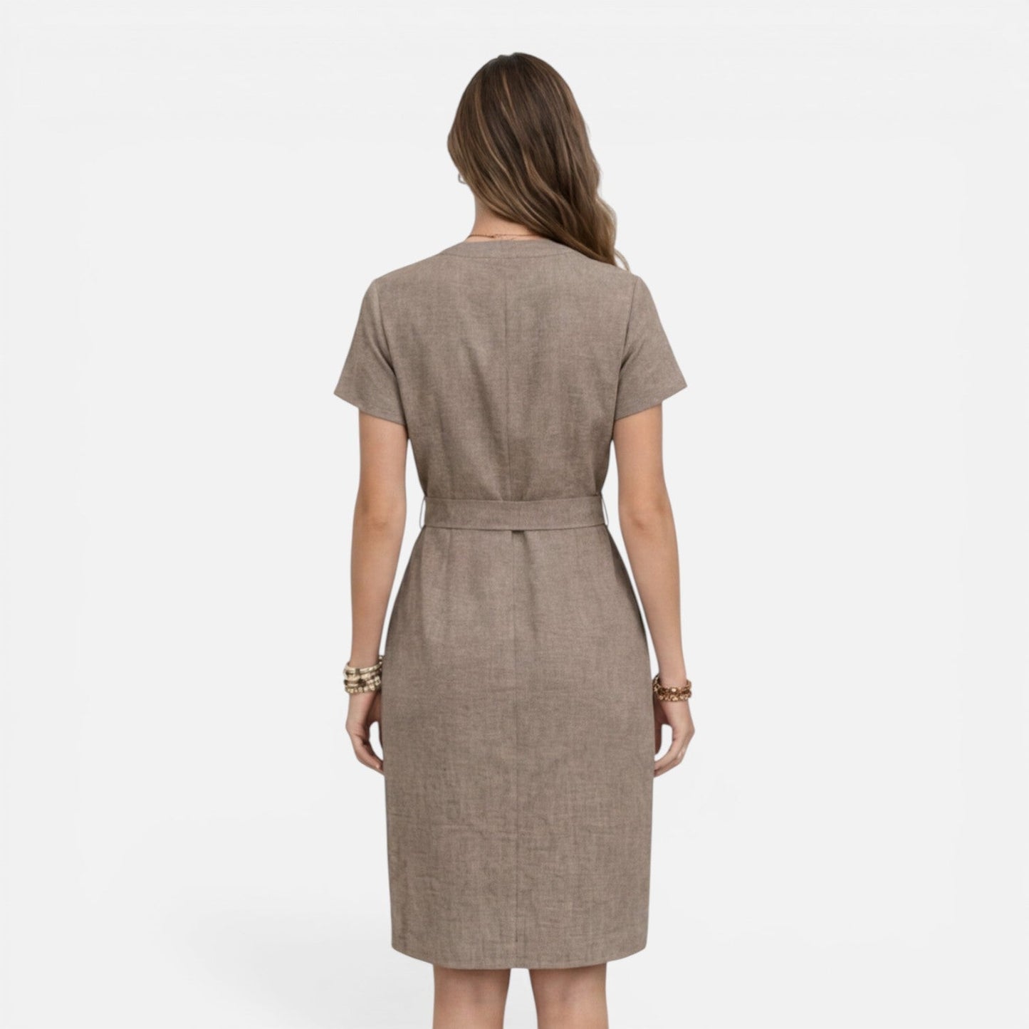 Abito Midi Donna con Cintura e Manica Corta
