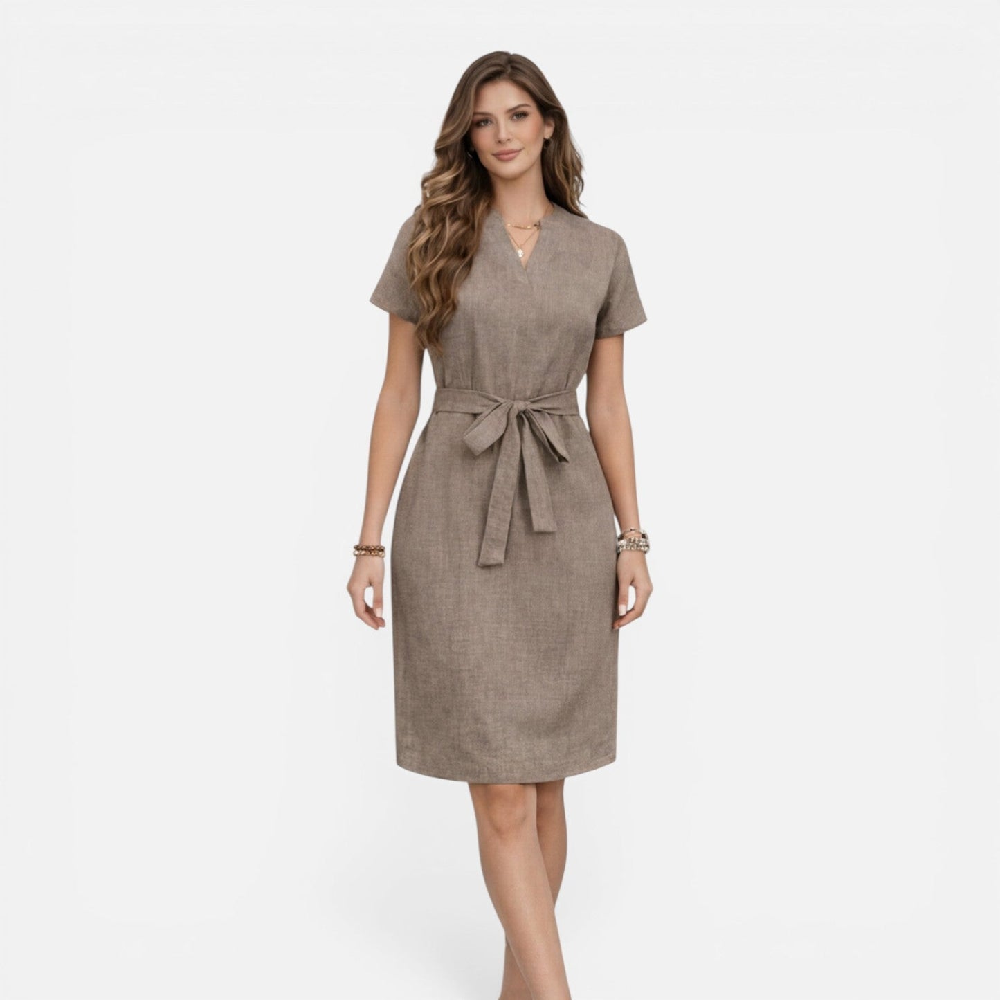 Abito Midi Donna con Cintura e Manica Corta
