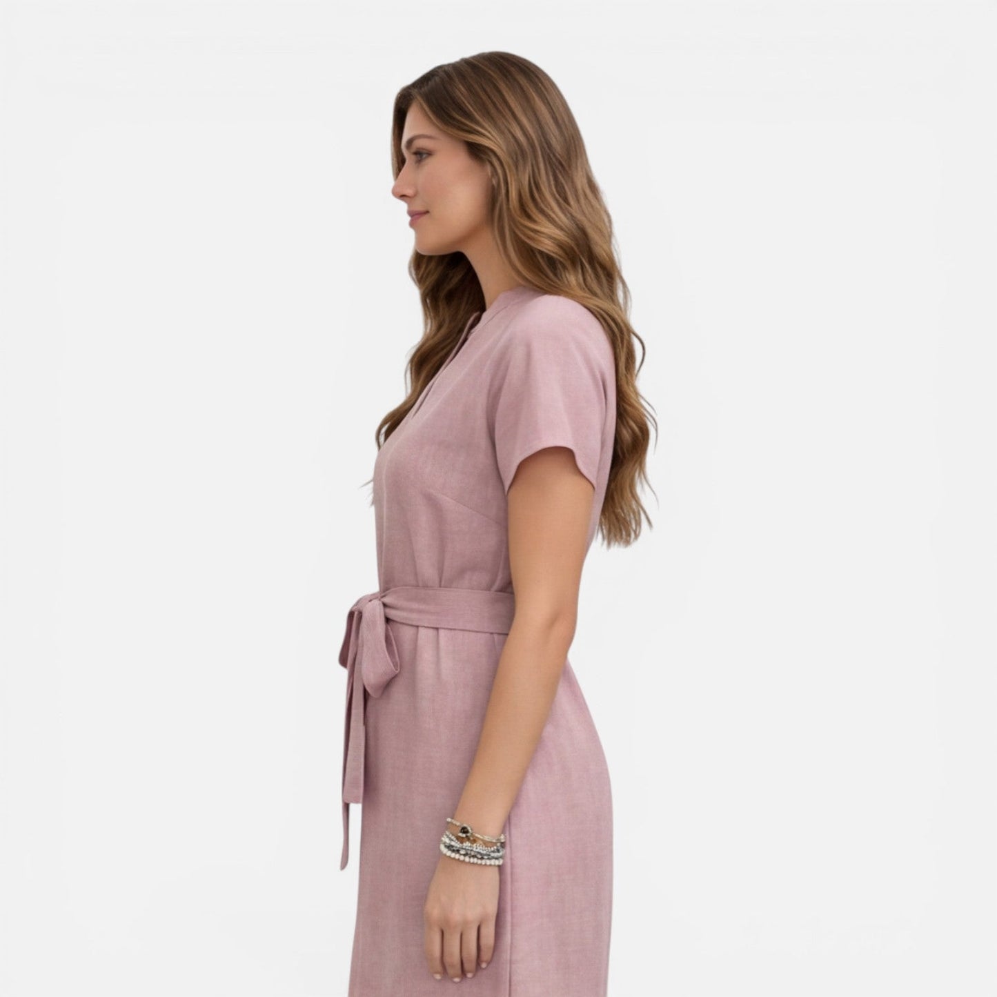 Abito Midi Donna con Cintura e Manica Corta