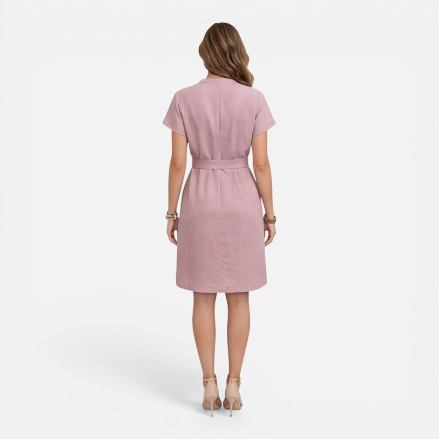 Abito Midi Donna con Cintura e Manica Corta